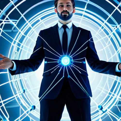Home 4 A professional individual, fully clothed in a modest business suit, standing confidently in a luminous, abstract digital space. The person's posture radiates control and empowerment, with hands gently interacting with interconnected, glowing nodes and data streams that symbolize a decentralized network. The environment is minimalist and high-tech, bathed in soft blue and white light, reflecting secure information flow. Professional photography, sharp focus, vibrant colors, high resolution, well-formed hands, proper finger count, perfect anatomy, natural proportions, natural pose, safe for work, appropriate content, family-friendly.