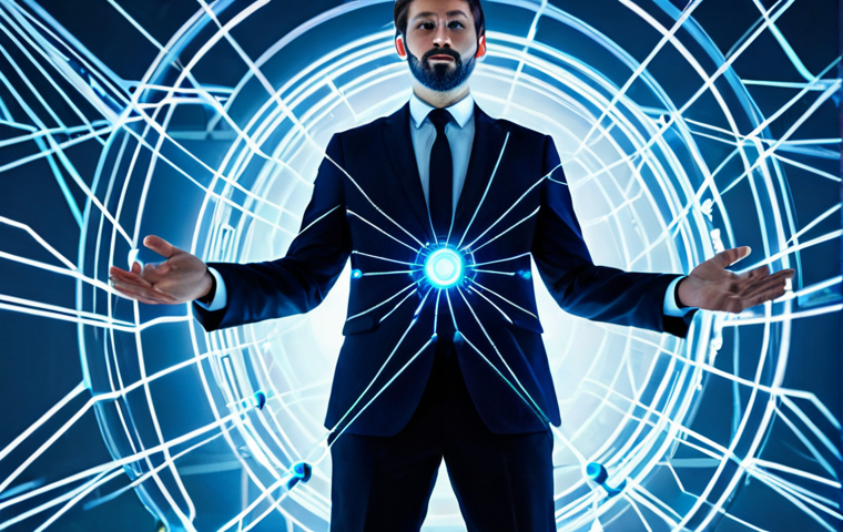 A professional individual, fully clothed in a modest business suit, standing confidently in a luminous, abstract digital space. The person's posture radiates control and empowerment, with hands gently interacting with interconnected, glowing nodes and data streams that symbolize a decentralized network. The environment is minimalist and high-tech, bathed in soft blue and white light, reflecting secure information flow. Professional photography, sharp focus, vibrant colors, high resolution, well-formed hands, proper finger count, perfect anatomy, natural proportions, natural pose, safe for work, appropriate content, family-friendly.