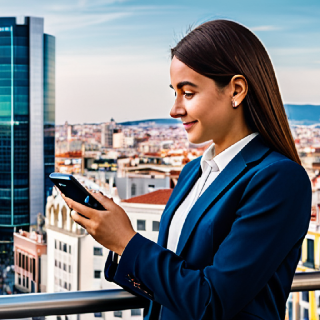 Digital Identity for Financial Access**
"A woman in modest professional attire, possibly a business suit or smart casual outfit, uses a smartphone to access a banking app. The background shows a diverse cityscape of Madrid, Spain, symbolizing access to financial services. The overall tone is positive and empowering. Safe for work, appropriate content, fully clothed, professional, perfect anatomy, correct proportions, well-formed hands, natural pose, high quality."
**