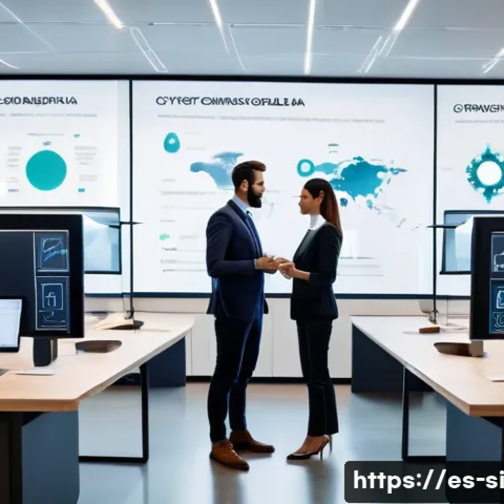 DID와 고객 관계 관리 CRM 의 변화 - A modern Spanish office setting where diverse professionals collaborate around a large digital touch...