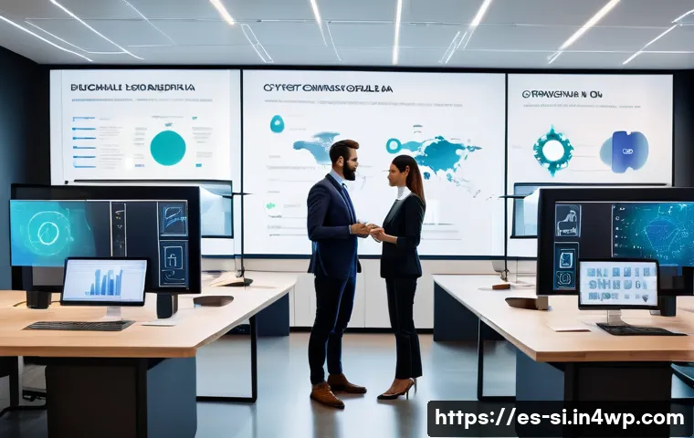 DID와 고객 관계 관리 CRM 의 변화 - A modern Spanish office setting where diverse professionals collaborate around a large digital touch...