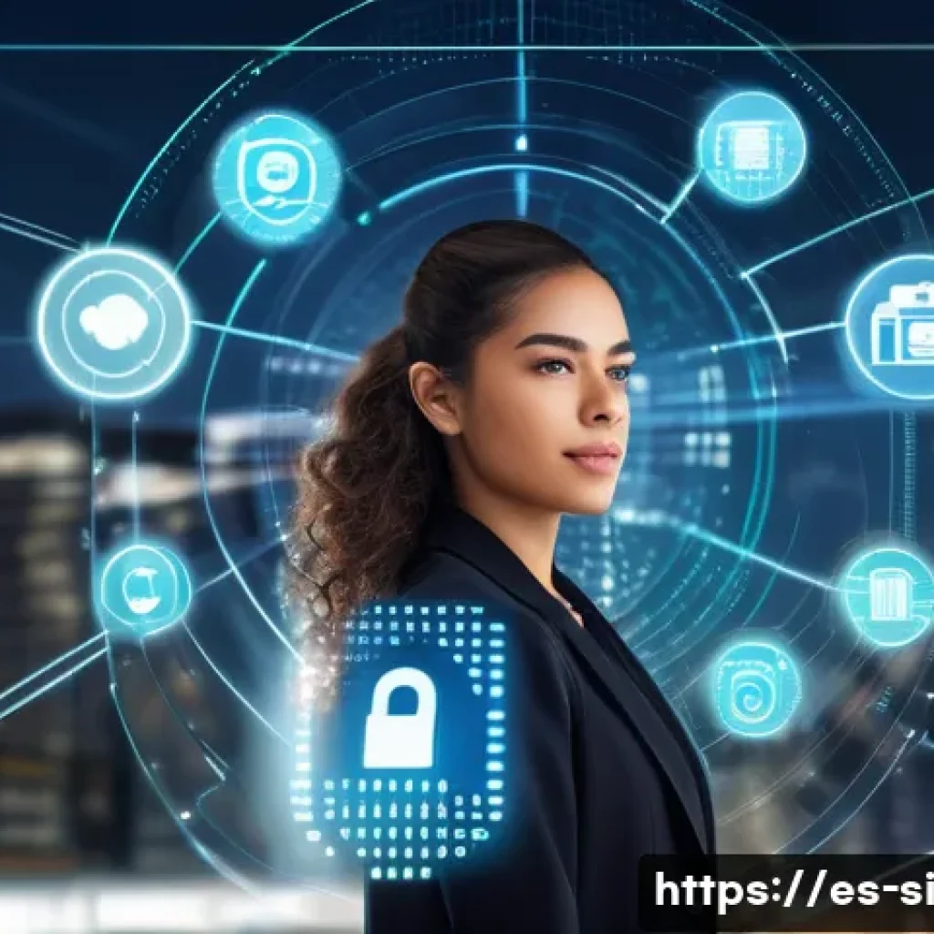 분산신원증명 DID 과 개인정보 보호 - A futuristic digital interface showing a confident young Hispanic woman managing her personal digita...
