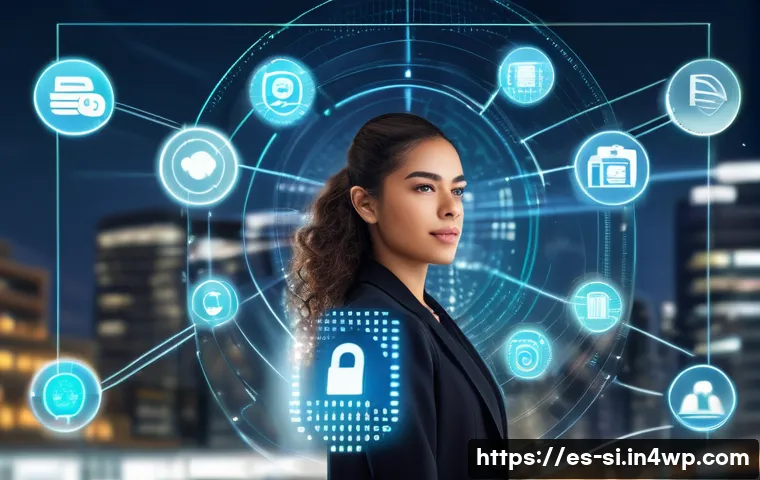 분산신원증명 DID 과 개인정보 보호 - A futuristic digital interface showing a confident young Hispanic woman managing her personal digita...
