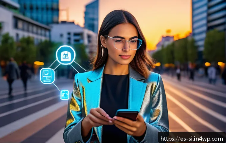 DID와 분산형 애플리케이션의 융합 - A modern Spanish young professional woman confidently managing her digital identity on a sleek smart...